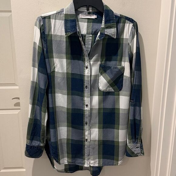 Billy T Plaid Button-Up Shirt lyocell with roll tab for sleeves size Small - Picture 1 of 10